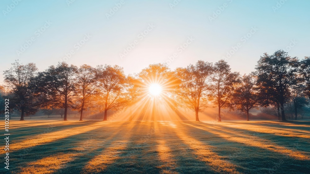Poster sunlight filtering through trees during sunrise in a serene landscape.