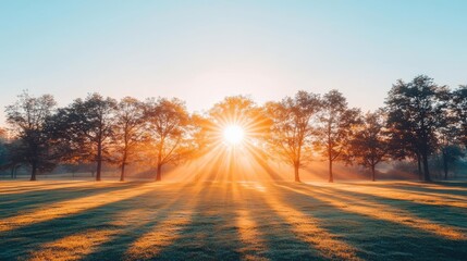 Fototapeta premium Sunlight filtering through trees during sunrise in a serene landscape.