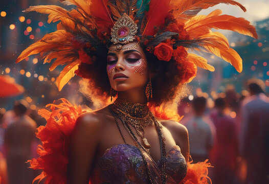 Vibrant Carnival Beauty in Ornate Feathered Headpiece