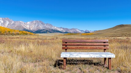 Serene Autumn Mountain Landscape with Marble Bench