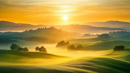 Warm sunrise over rolling hills