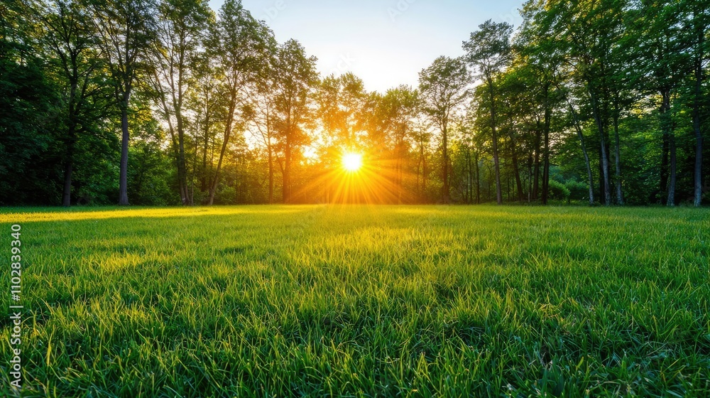 Poster sunrise over lush green grass with trees in the background, creating a serene atmosphere.