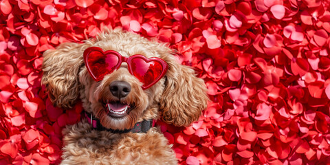 Valentines dog in love, happy labradoodle with rose petals and flower. Valentine&rsquo;s Day pink wallpaper banner