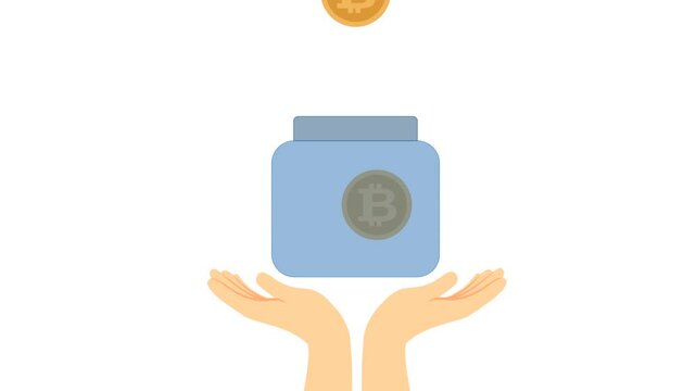 4K video Donation Footage with bitcoin, hand and jar Illustration on White Screen Background. 4k video animated charity donation day or bitcoin in jar donations campaign animation