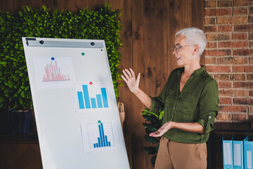 Photo of lovely lady financier assistant dressed shirt showing graphics indoors workplace...