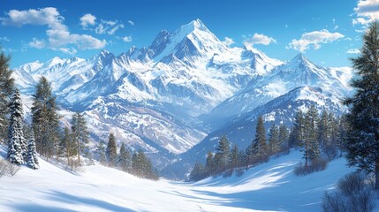 Obraz premium Snow-Covered Evergreen Trees with Mountain Background