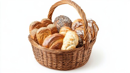 wicker basket with selection of breads and pastries isolated on white background