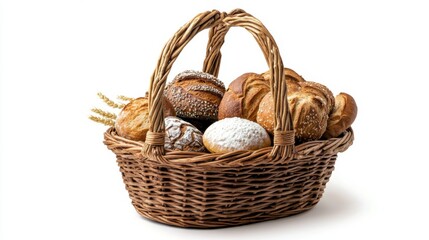 wicker basket with selection of breads and pastries isolated on white background