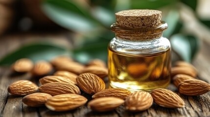 Almond oil in small glass bottle, surrounded by almonds on wooden surface.