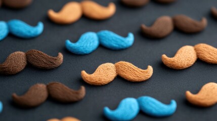 Fototapeta premium Colorful Mustaches Pattern Brown Blue Orange Fabric Texture Background