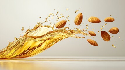 Almond oil splash with flying almonds.