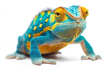 Obraz premium Yellow blue lizard Panther chameleon isolated on white background