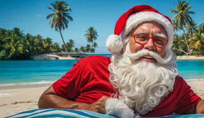 AI-generated image of Santa escaping winter cold and enjoying a tropical vacation