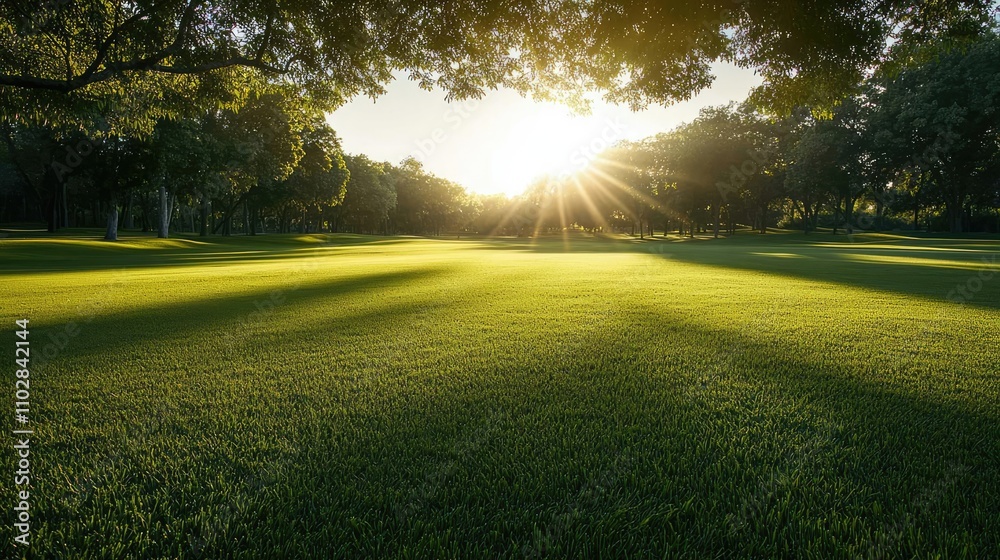 Poster lush green grass field illuminated by the warm glow of the setting sun.