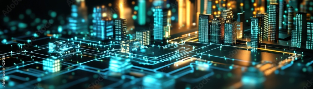 Poster futuristic cityscape with glowing skyscrapers and digital circuits representing urban technology and