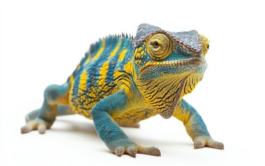 Obraz premium Yellow blue lizard Panther chameleon isolated on white background