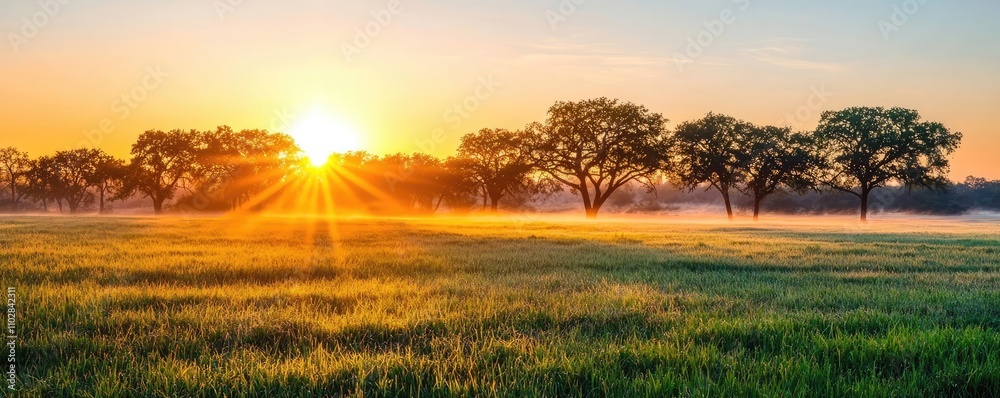 Poster sunset over serene field with trees, creating a peaceful natural scene.