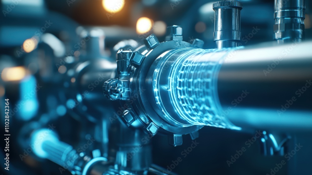 Poster high-tech industrial pipe with advanced mechanisms and glowing elements depicting modern engineering