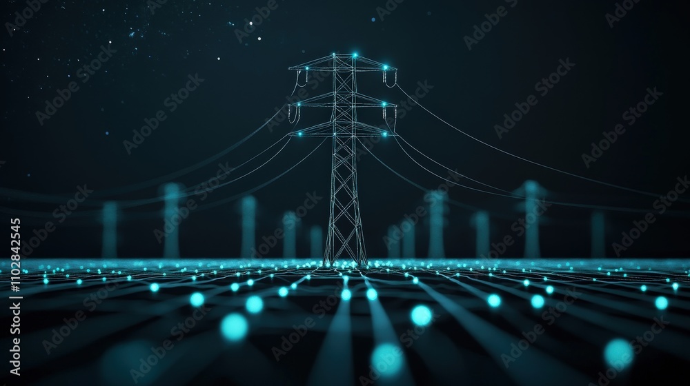Poster Futuristic Power Line Network with Glowing Nodes and Dynamic Connections Against a Dark Background, Illustrating Energy Distribution and Technology Integration