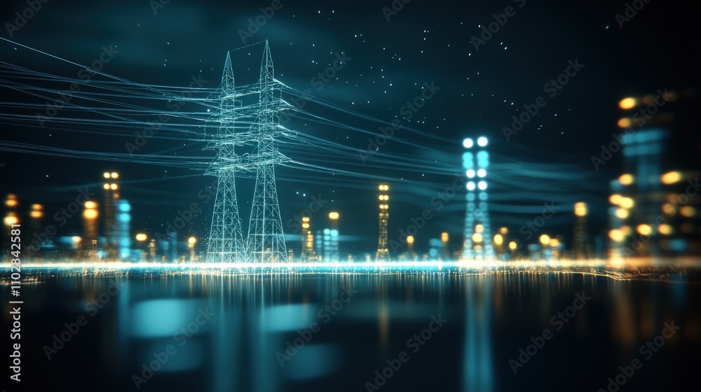 Poster abstract representation of electrical power lines and towers illuminated with vibrant blue and orang