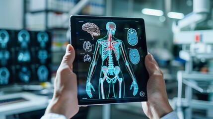 Digital medical anatomy scan image displayed on a tablet device showing a human skeleton and body structure  Concept of technology healthcare research education and scientific discovery