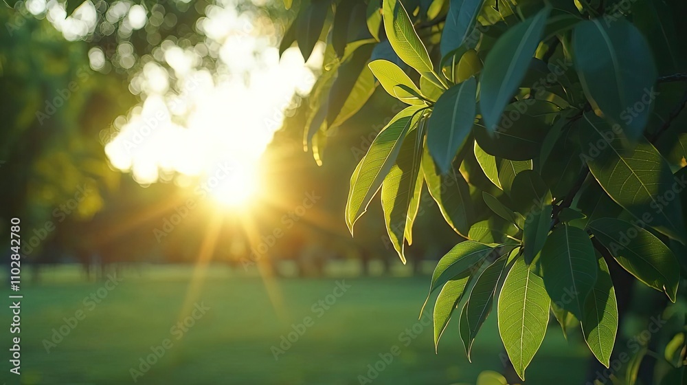 Poster sunlight filtering through lush green leaves in a serene park setting.