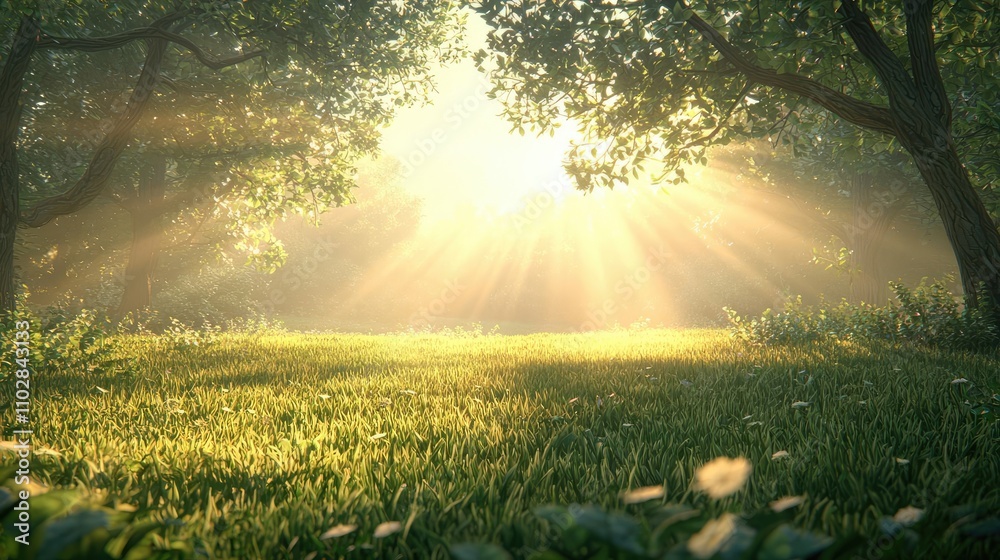 Poster Sunlight filtering through trees in a serene forest landscape.