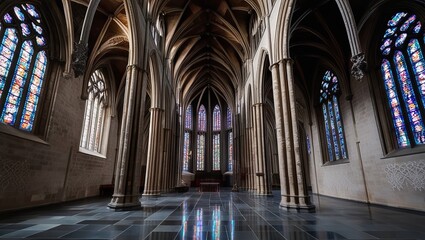 Fototapeta premium Awe-inspiring interior of a cathedral, showcasing intricate architecture, stained glass windows, and a serene atmosphere.