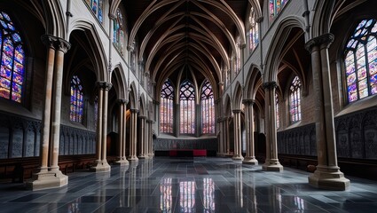 Awe-inspiring interior of a cathedral, showcasing stunning stained glass windows and intricate architectural details. The dark stone floor reflects the light filtering through the glass