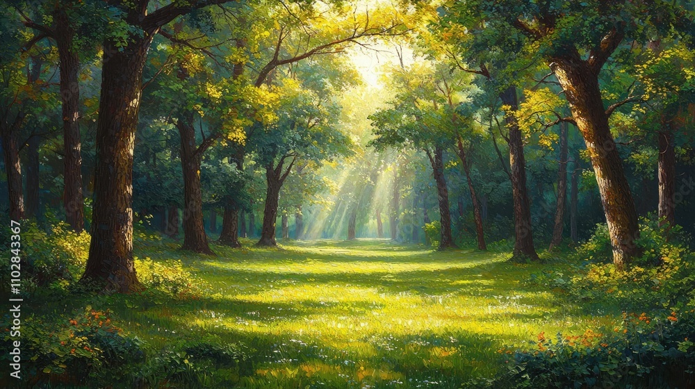 Poster Lush green forest with sunlight filtering through the trees creating a serene atmosphere.