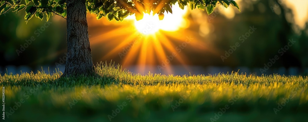 Poster sunlight shining through lush green leaves of a tree, creating a serene atmosphere.