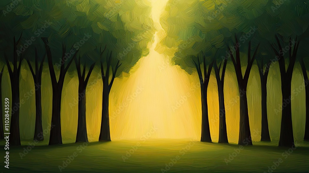 Poster Sunlight filtering through trees in a serene forest, creating a tranquil atmosphere.