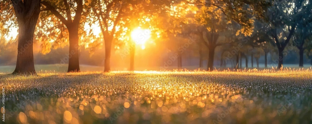 Poster Scenic sunset illuminating a tranquil field with trees and soft grass.