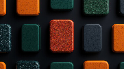 Vibrant eco friendly packaging in various colors and textures, showcasing modern design. arrangement highlights unique materials and finishes, creating appealing visual display