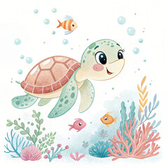 Fototapeta premium Cute animal under the sea, a cute underwater illustration.