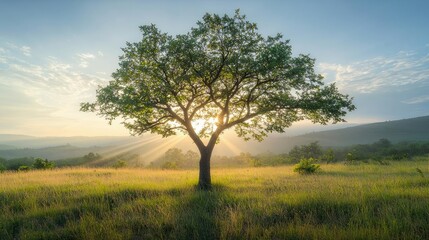 Fototapeta premium Lone tree in a grassy field bathed in golden sunlight during sunrise.