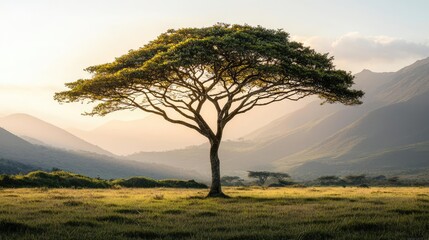 Obraz premium Lone tree on a hillside under soft light during golden hour, surrounded by mountains.