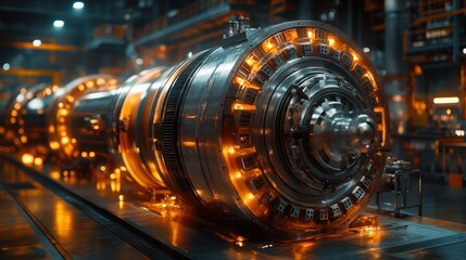 Fototapeta premium Hydropower turbine parts being built in a hyper-detailed green energy factory.
