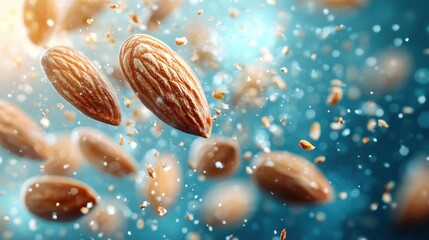 Almonds in motion, with scattered almond pieces and light bokeh effects.