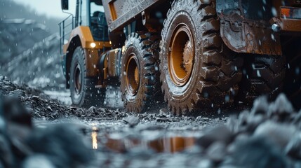 A Close-Up of a Dump Truck's Hydraulic System in Action on a Gloomy Day