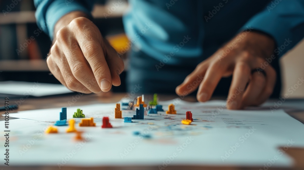 Poster Focused Hands Engaging with Colorful Game Pieces on a Detailed Map, Representing Strategy and Planning in a Creative Workspace Environment