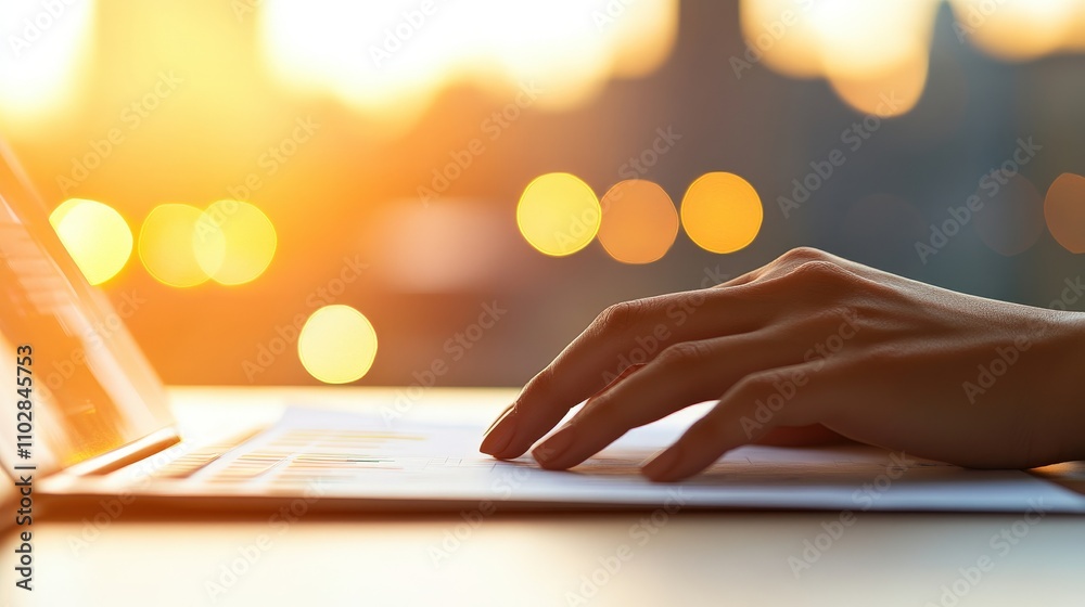 Poster soft focus on a hand using a laptop with a beautiful sunset in the background, capturing the essence