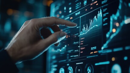 Obraz premium Modern Business Analytics Interface with Data Visualization and Touch Interaction for Efficient Decision-Making and Trend Analysis in Digital Environment