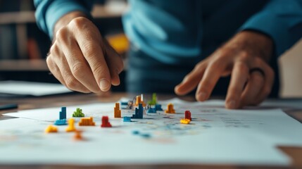 Focused Hands Engaging with Colorful Game Pieces on a Detailed Map, Representing Strategy and Planning in a Creative Workspace Environment