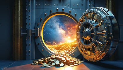 vault door opens to reveal treasure of gold coins, evoking excitement
