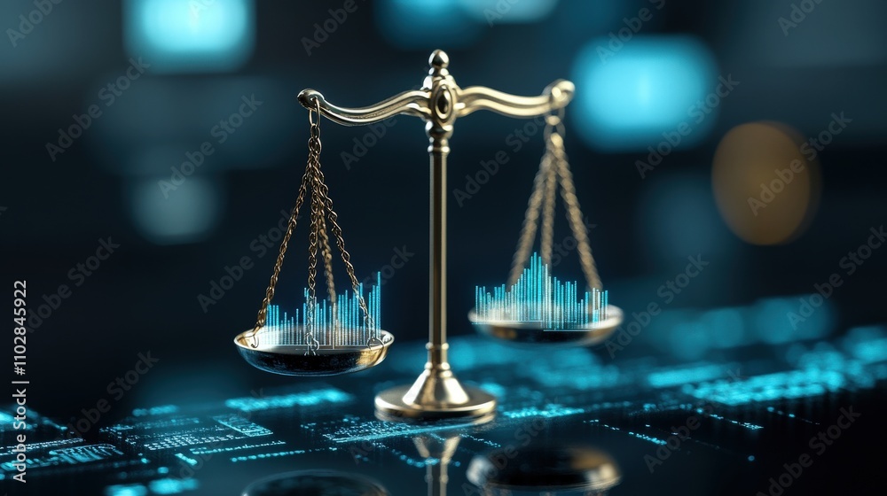 Aufkleber Precision Balance Scale with Digital Graphs Representing Data Analysis and Financial Trends in a Modern Abstract Environment