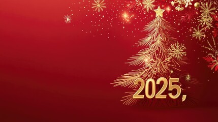Elegant Christmas Tree Design for 2025 with Golden Decorations Against a Vibrant Red Background, Ideal for Holiday Invitations and Seasonal Greetings