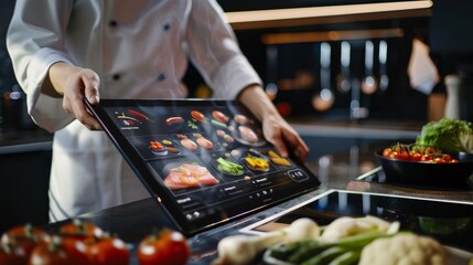 Professional chef wearing white uniform and hat using digital tablet to browse menu options and food instructions in a high tech well equipped modern restaurant kitchen