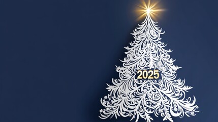 Obraz premium Elegant Christmas Tree Design for New Year Celebration with Intricate Patterns and Bright Star and the Year 2025 Highlighted Against a Dark Background