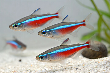 Three neon tetra fish (Paracheirodon innesi) on aquarium background. 